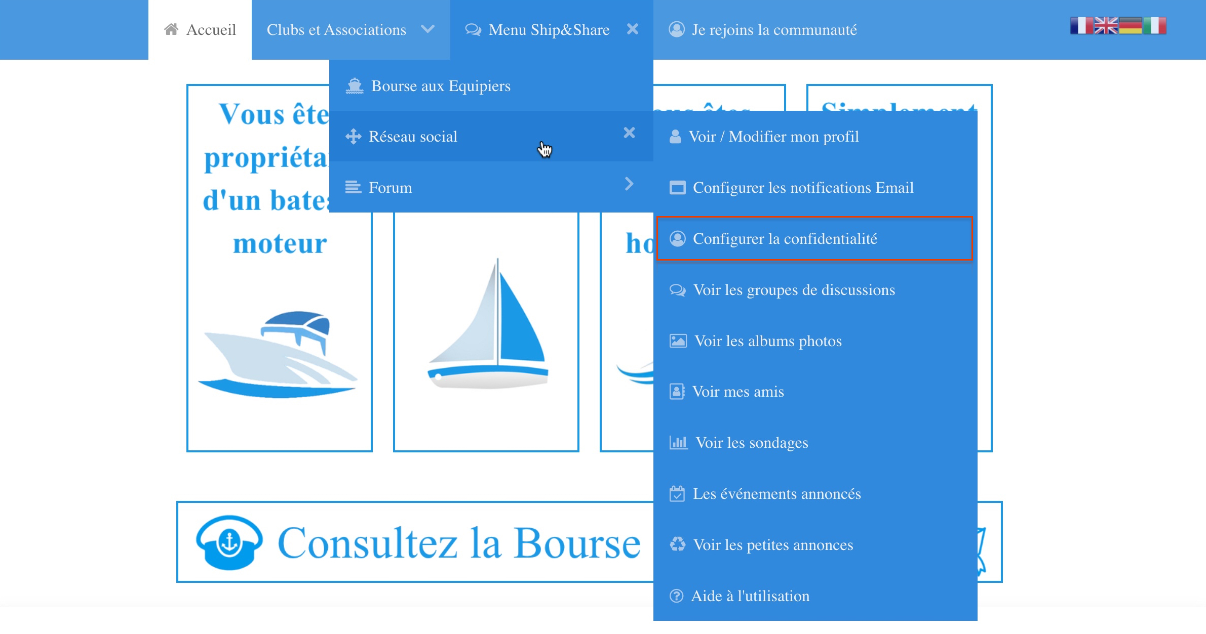 menu fonctions reseau social confidentialite 1